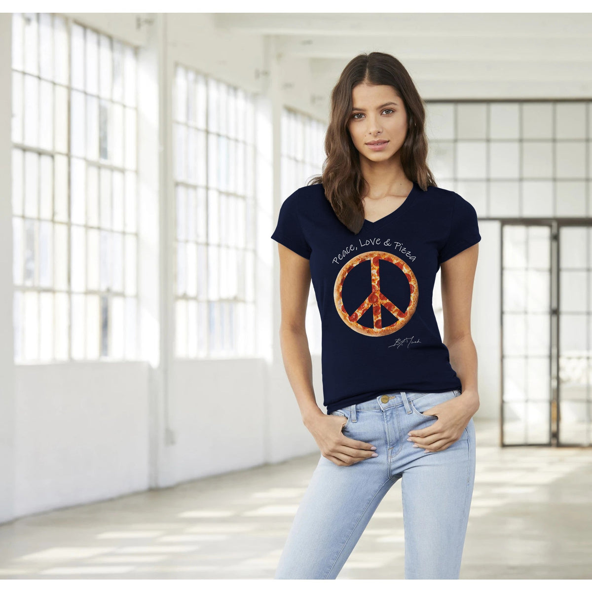 B.A. Jack Peace, Love & Pizza Womens V-Neck T-shirt - BAD ASS Pizza Cutter