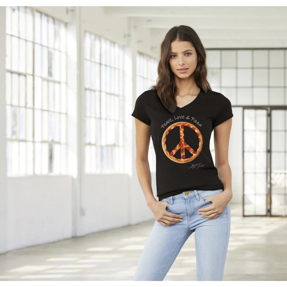B.A. Jack Peace, Love & Pizza Womens V-Neck T-shirt - BAD ASS Pizza Cutter