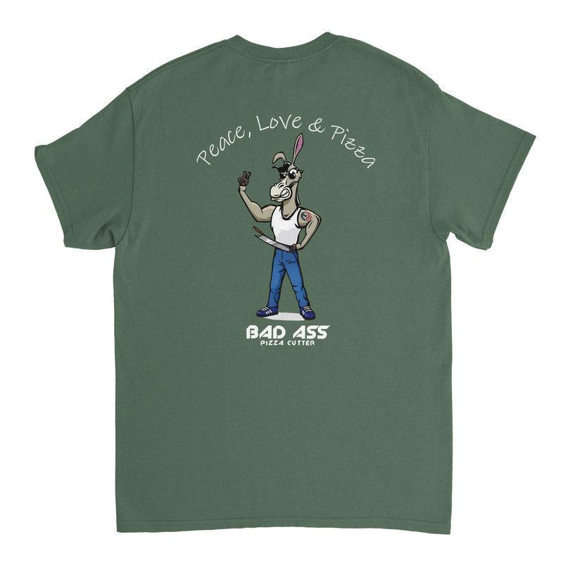 BAD ASS Peace, Love & Pizza Crewneck T-shirt - BAD ASS Pizza Cutter