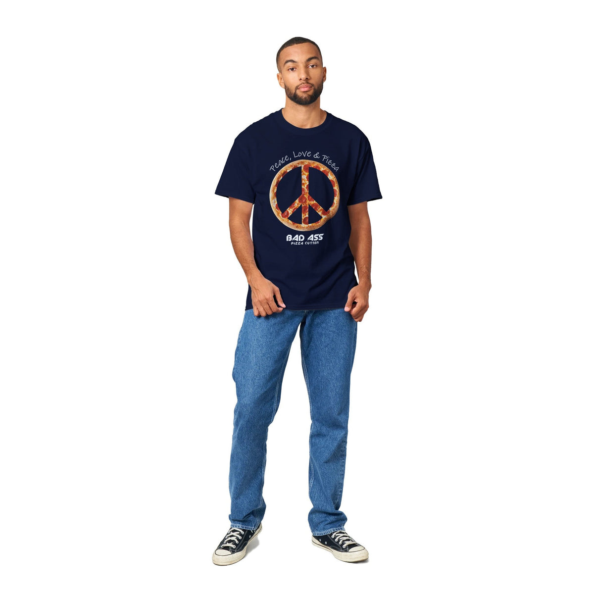 Peace, Love & Pizza Crewneck T-shirt - BAD ASS Pizza Cutter